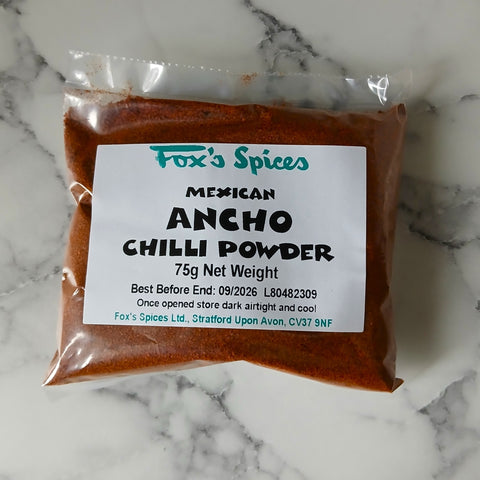 A 75g bag of Ancho chilli powder from Fox's Spices.