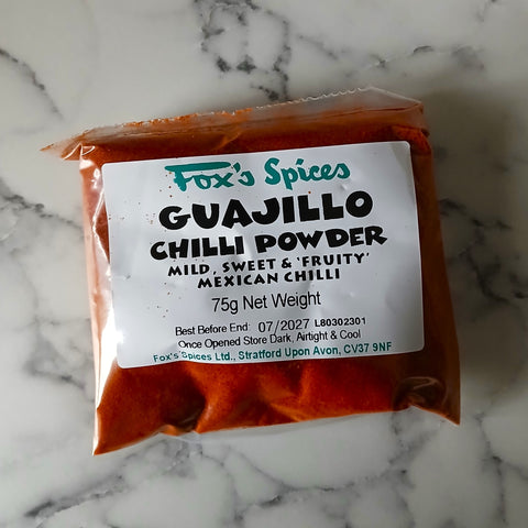 Guajillo chilli powder sold in 75g from Fox's Spices.