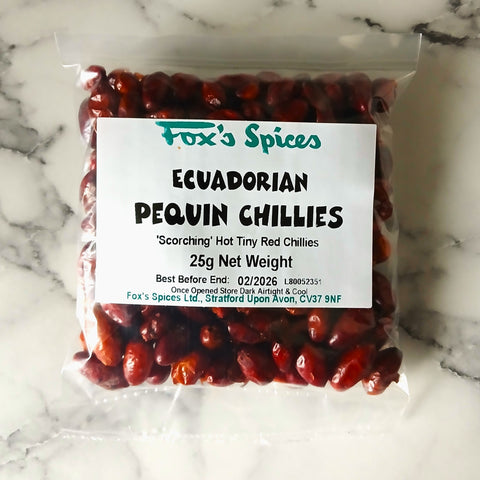 A 25g bag of Pequin chillies sold by Fox's Spices.
