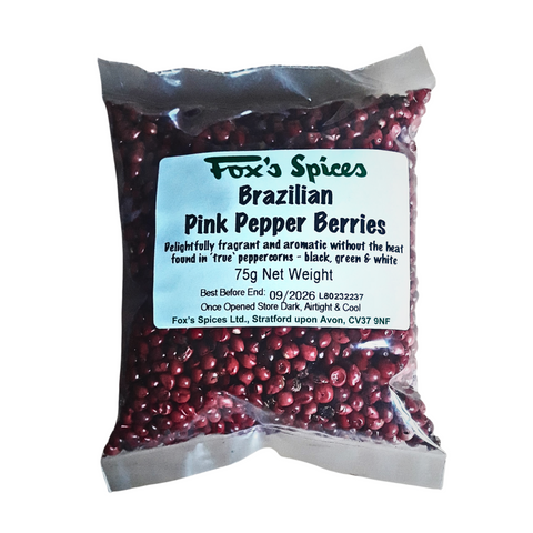Pink pepper berries sold in 75g bags from Fox's Spices.