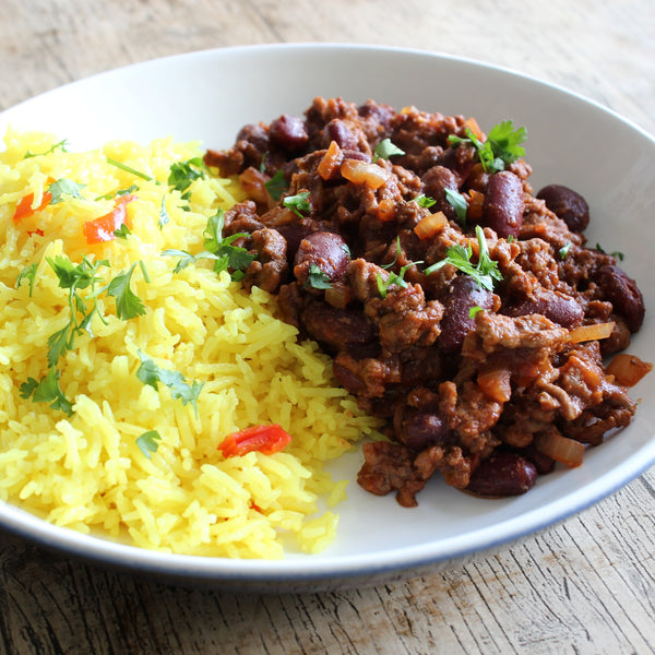 a plate of beef chilli made with Mexican-style chilli paste 