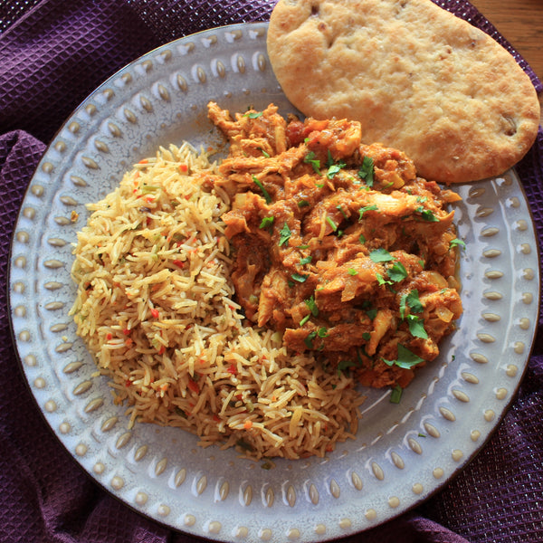 Chicken Rogan Josh by Case for Cooking served with rice and naan bread