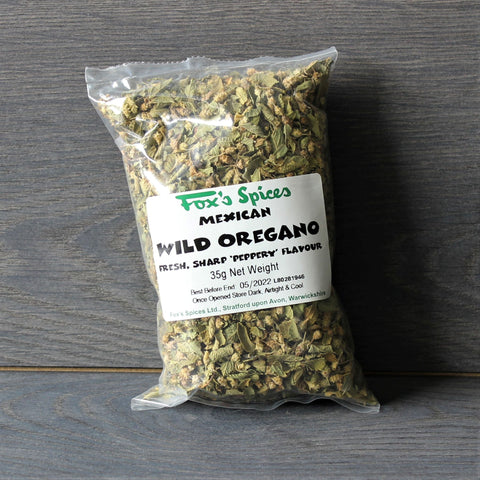 A 35g bag of Mexican Wild Oregano by Fox's Spices. Also known as wild oregano . Not to be confused with standard oregano.