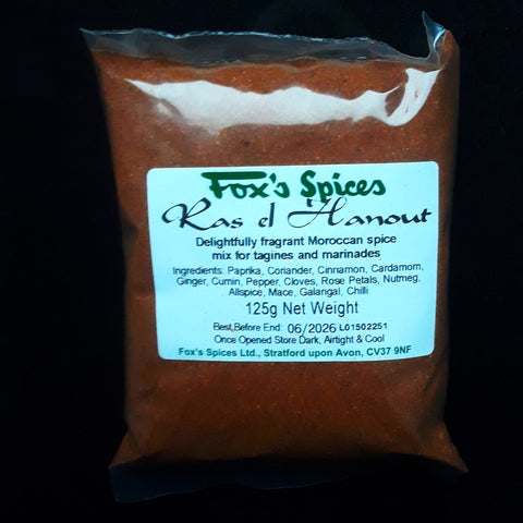 Ras el Hanout spice blend from Fox's Spices sold in 125g bags.