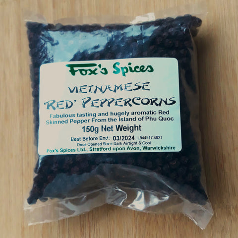 Red Peppercorns sold by Fox's Spices in 150g bags.