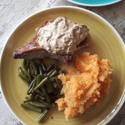 Pork Chops with Roast Onion Balsamic Sauce