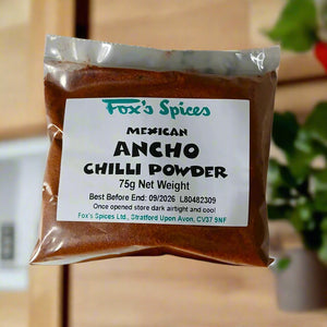 A 75g bag of Ancho chilli powder from Fox's Spices.