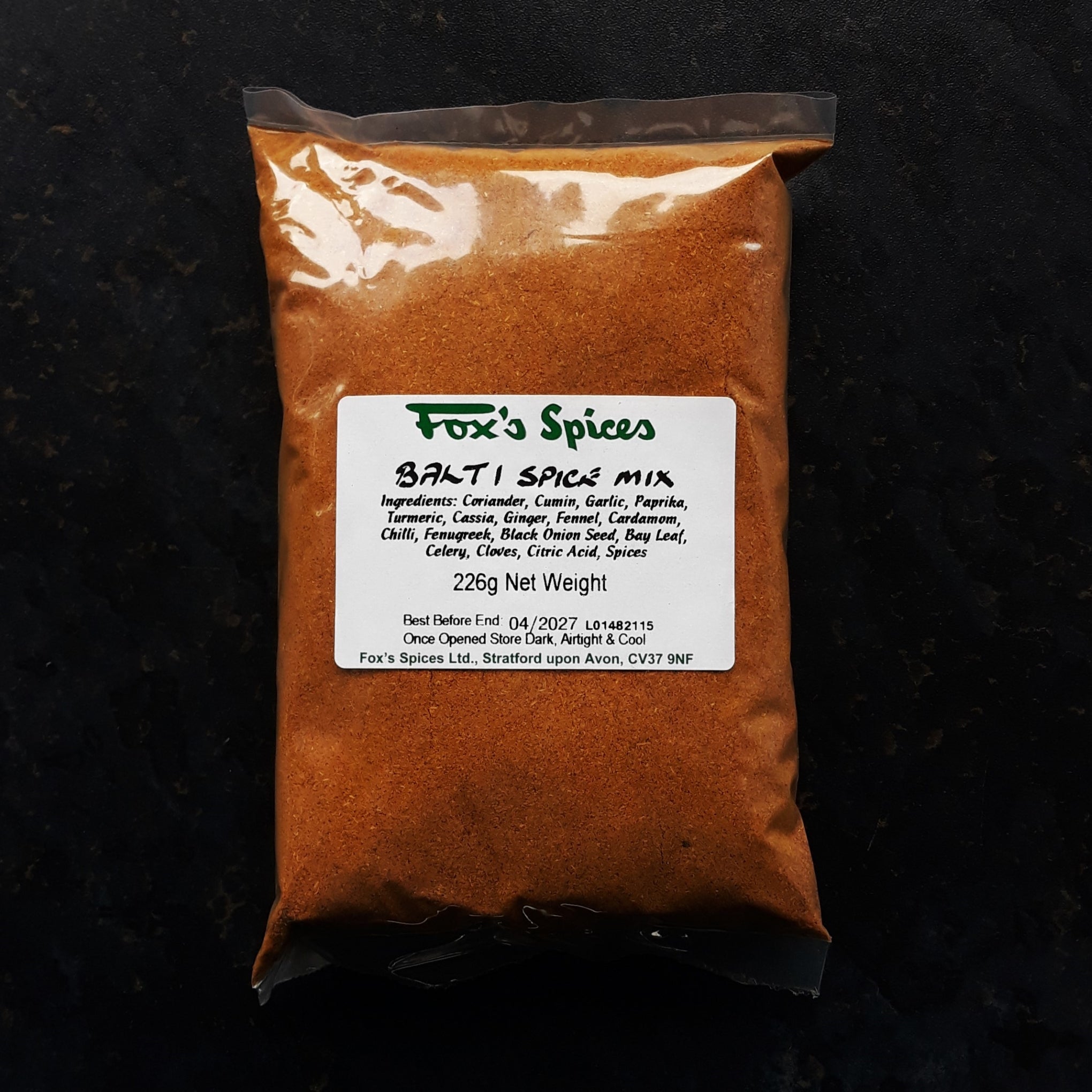 A 226g bag of Balti spice mix (Curry) supplied by Fox's Spices.