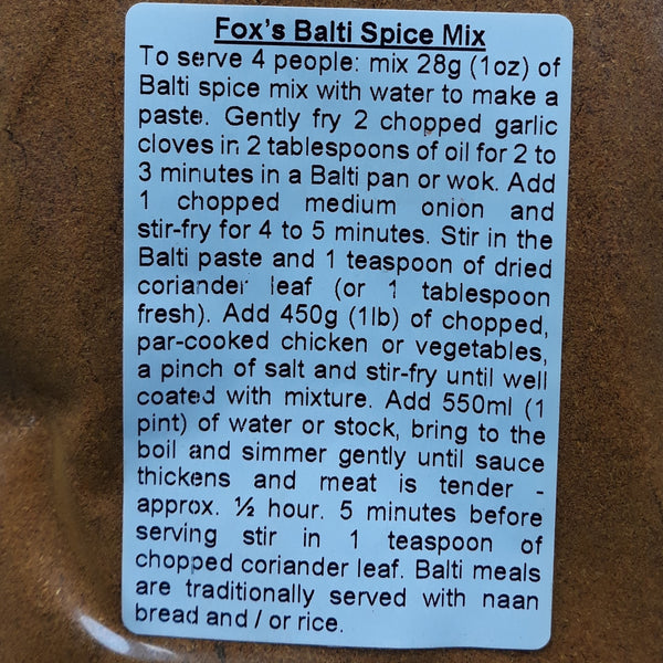 Instructions for the Balti spice mix from Fox's Spices.