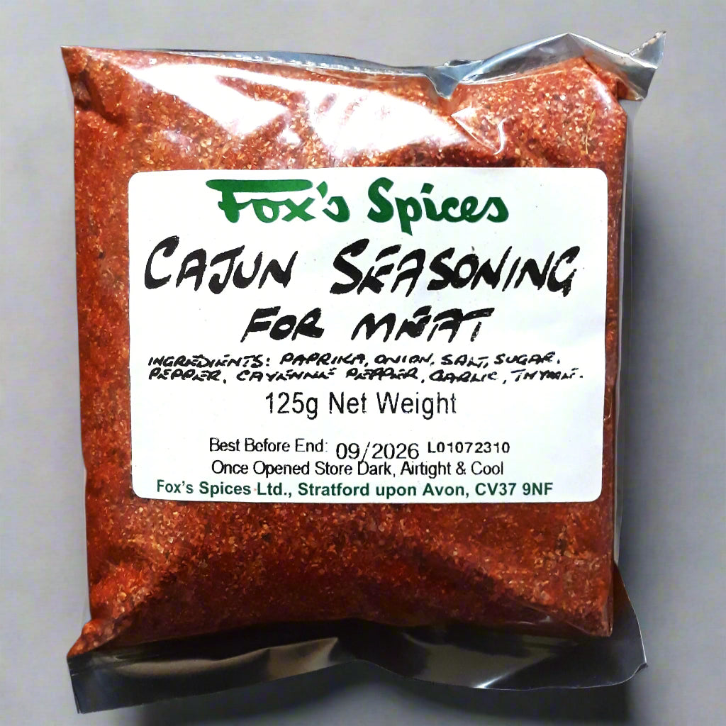 A 125g bag of Fox's Spices cajun seasoning for meat.