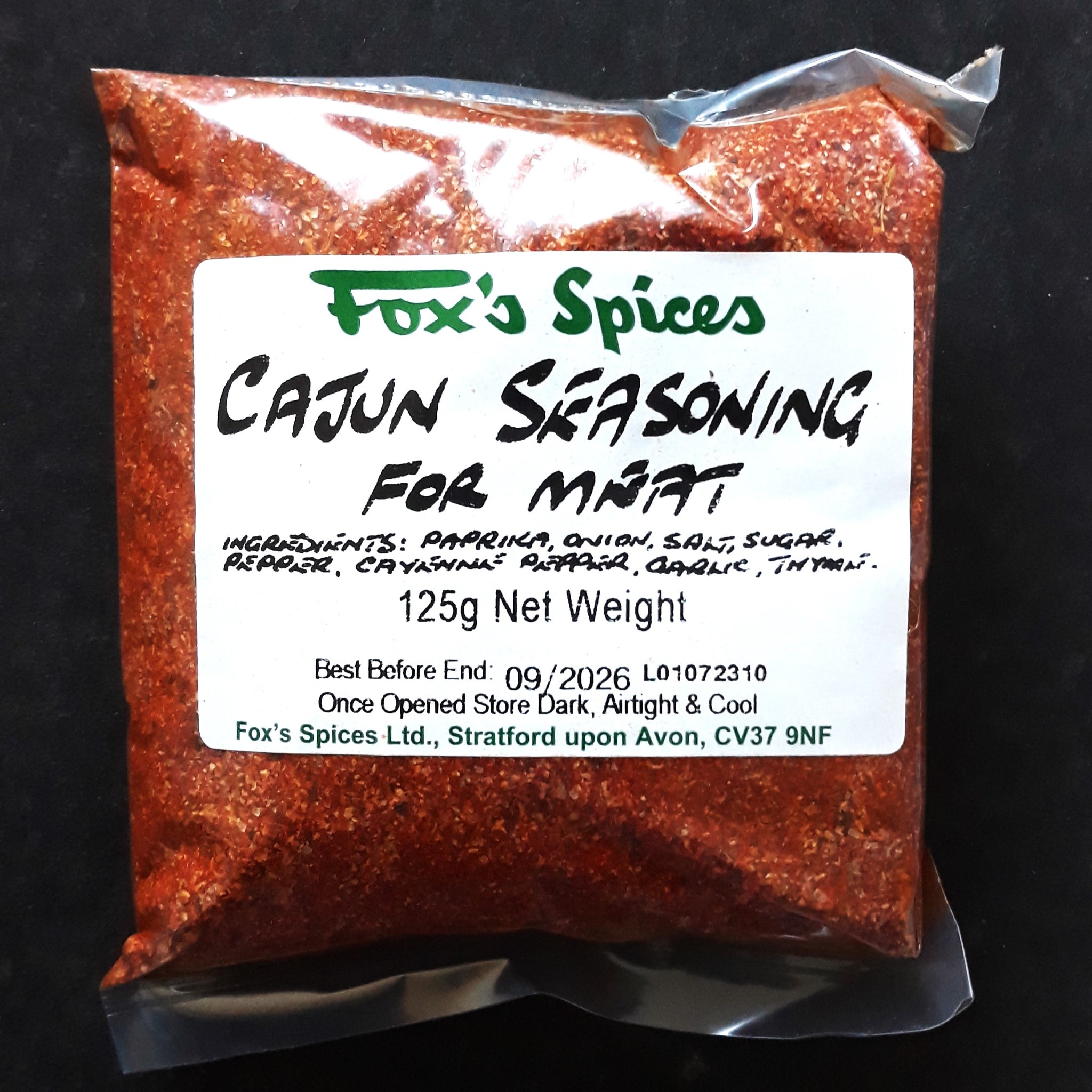 A 125g bag of Fox's Spices cajun seasoning for meat.