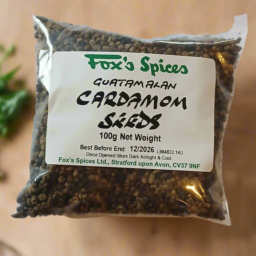 Cardamom seeds sold in 100g bags sold by Fox's Spices.