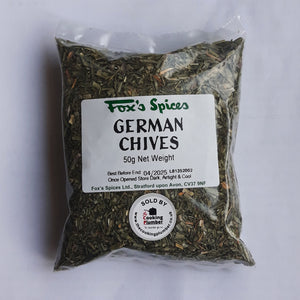 Fox's Spices dried chives. Sold in 50g bags.