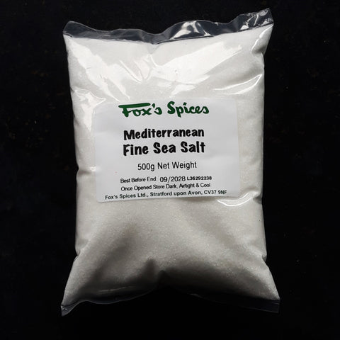 Fine sea salt from Fox's Spices sold in 500g bags.