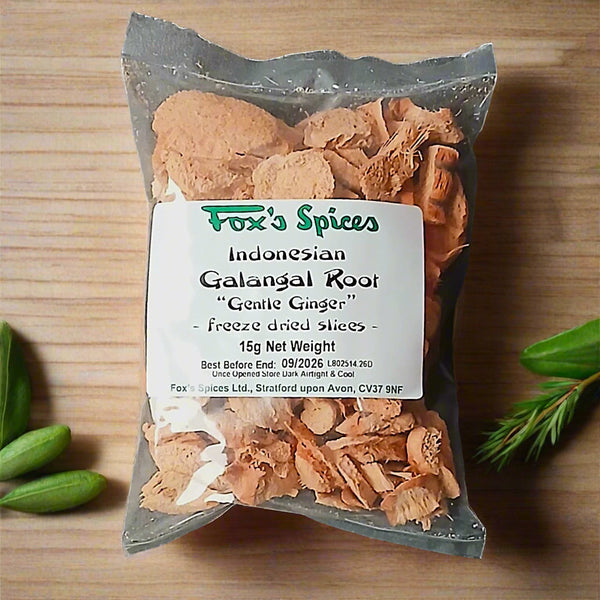 15g bag of freeze dried Galangal Root from Fox's Spices.