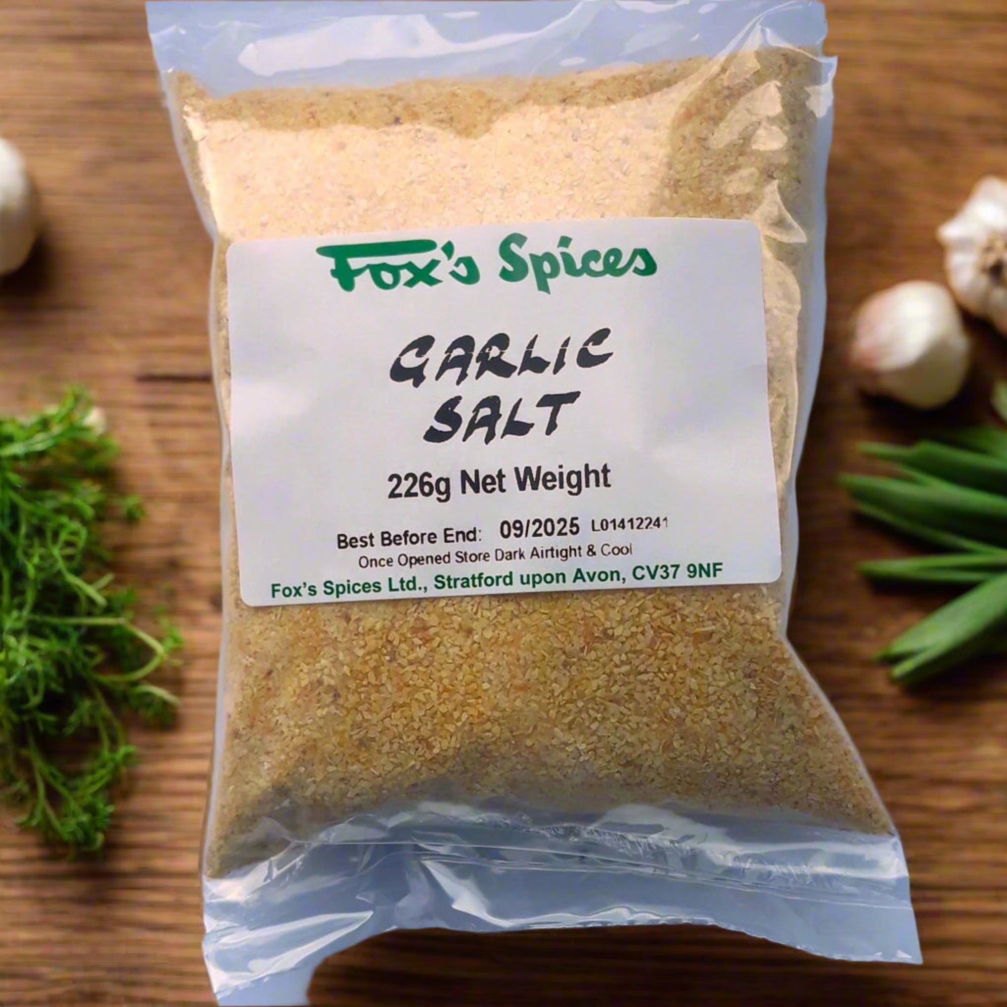 Fox's Spices garlic salt. Sold in 226g bags.