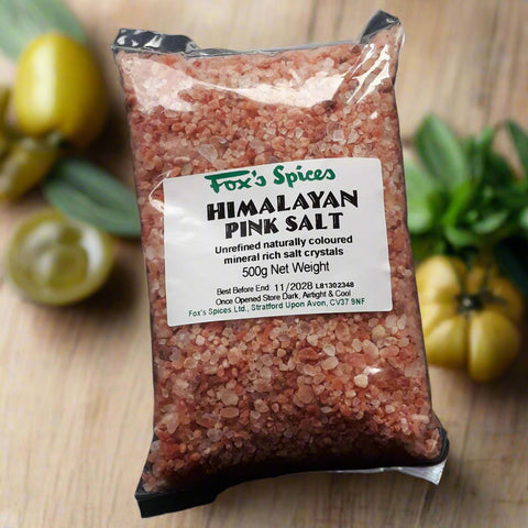 Himalayan pink salt supplied by Fox's Spices sold in a 500g bag.
