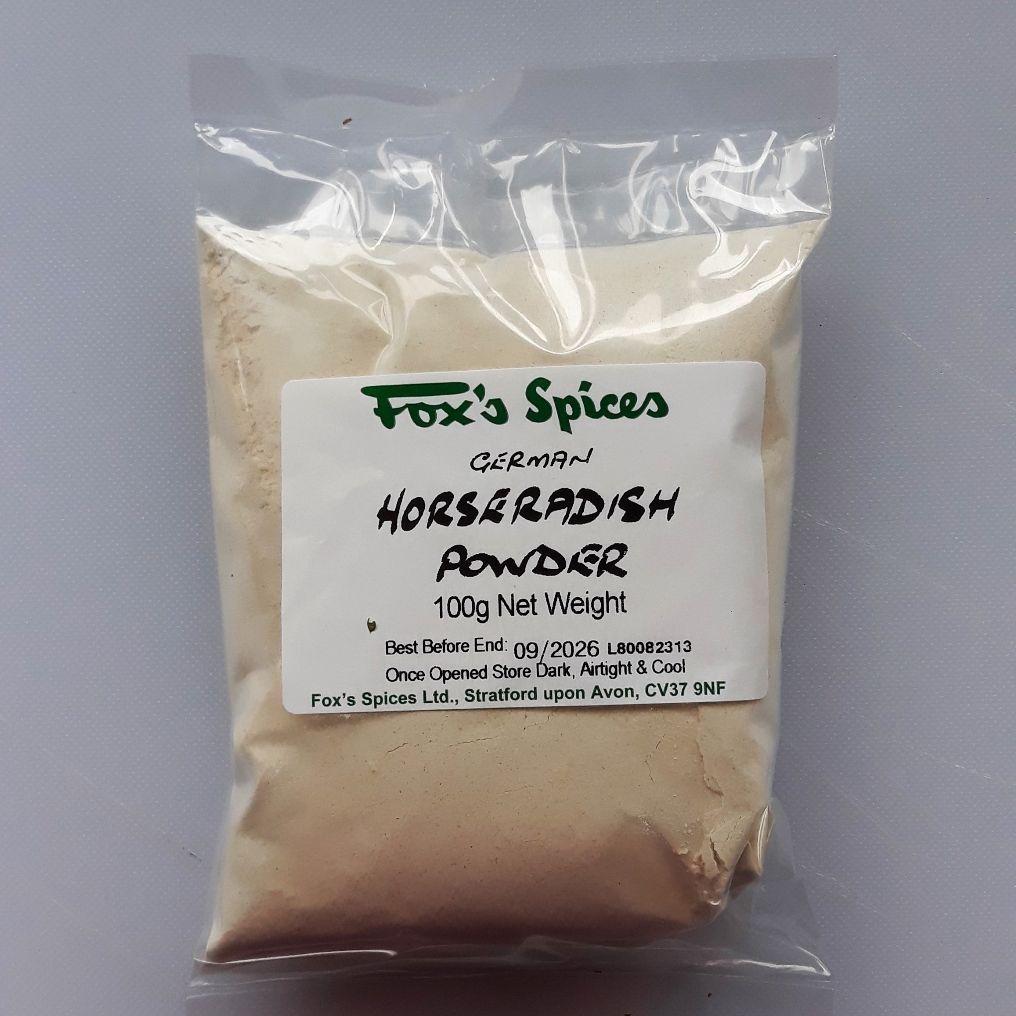 Fox's Spices Horseradish Powder sold in 100g bags.
