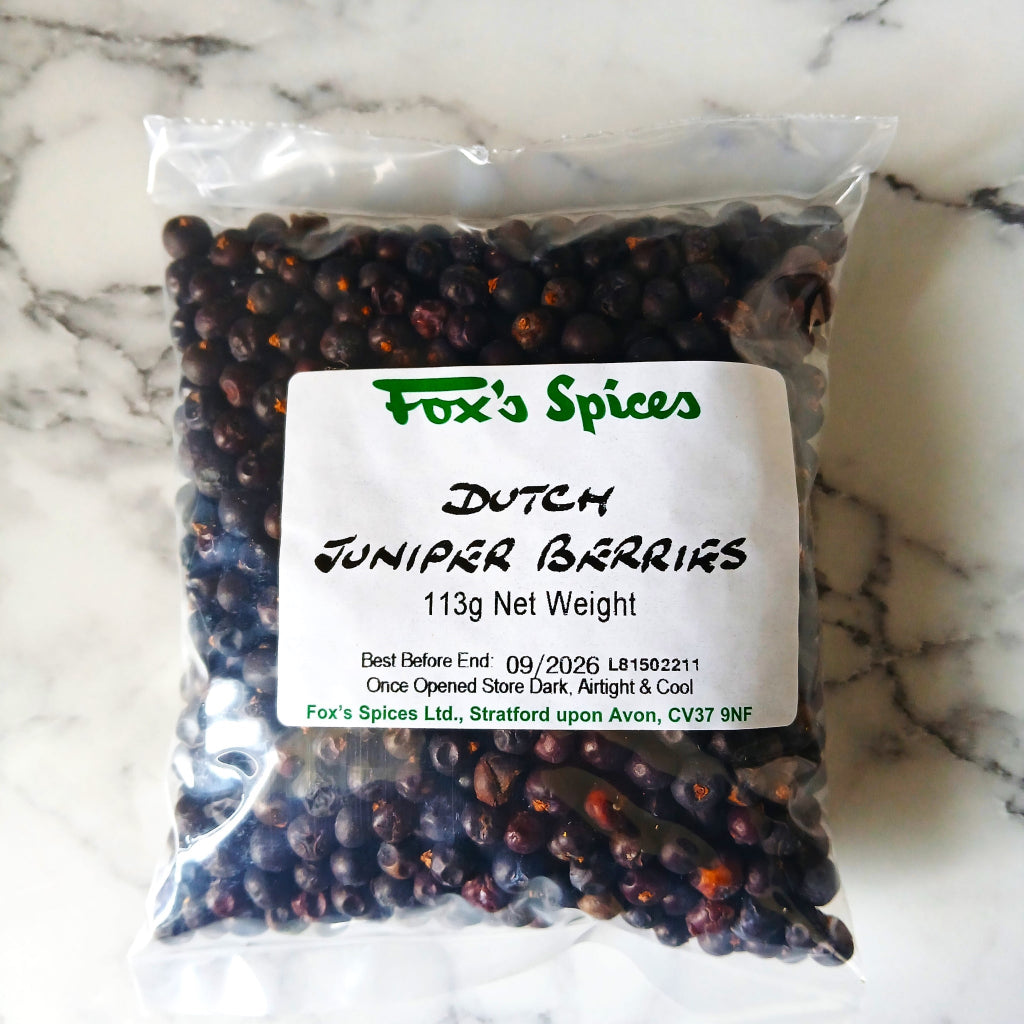 Juniper berries sold in 113g bags. Supplied by Fox's Spices.