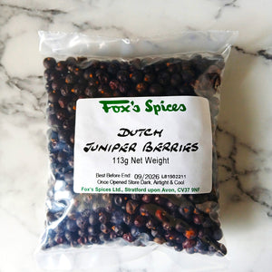 Juniper berries sold in 113g bags. Supplied by Fox's Spices.
