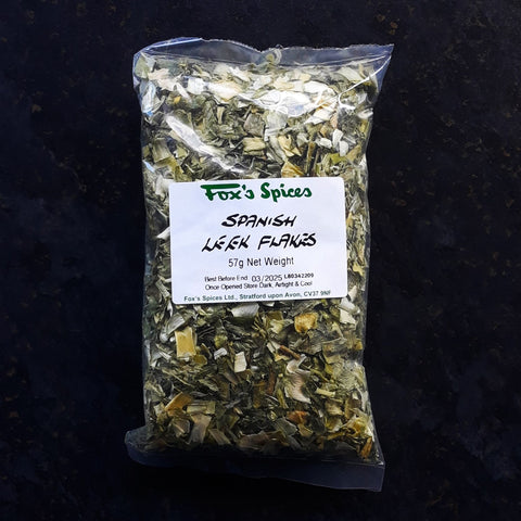 Spanish leek flakes packed by Fox's Spices in 57g bags.