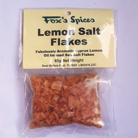Fox's Spices lemon salt flakes. Sold in 65g bags.