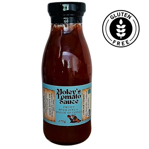 Moley's gluten free tomato sauce sold in 250ml bottles made by Case For Cooking.