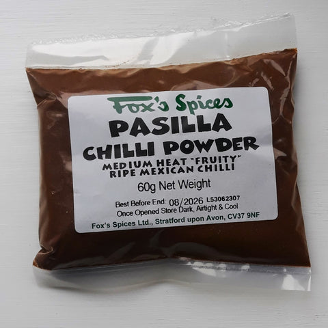 small 60g bag of Pasilla chilli powder from Fox's Spices