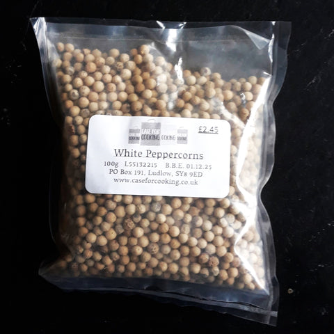 White peppercorns sold in 100g bags by Case For Cooking.