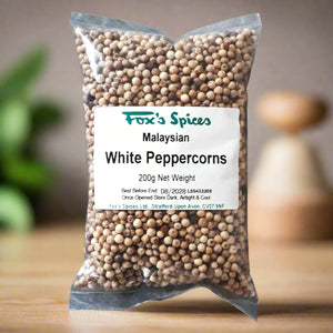 A 200g bag of Malaysian white peppercorns supplied by Fox's Spices.