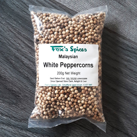 A 200g bag of Malaysian white peppercorns supplied by Fox's Spices.