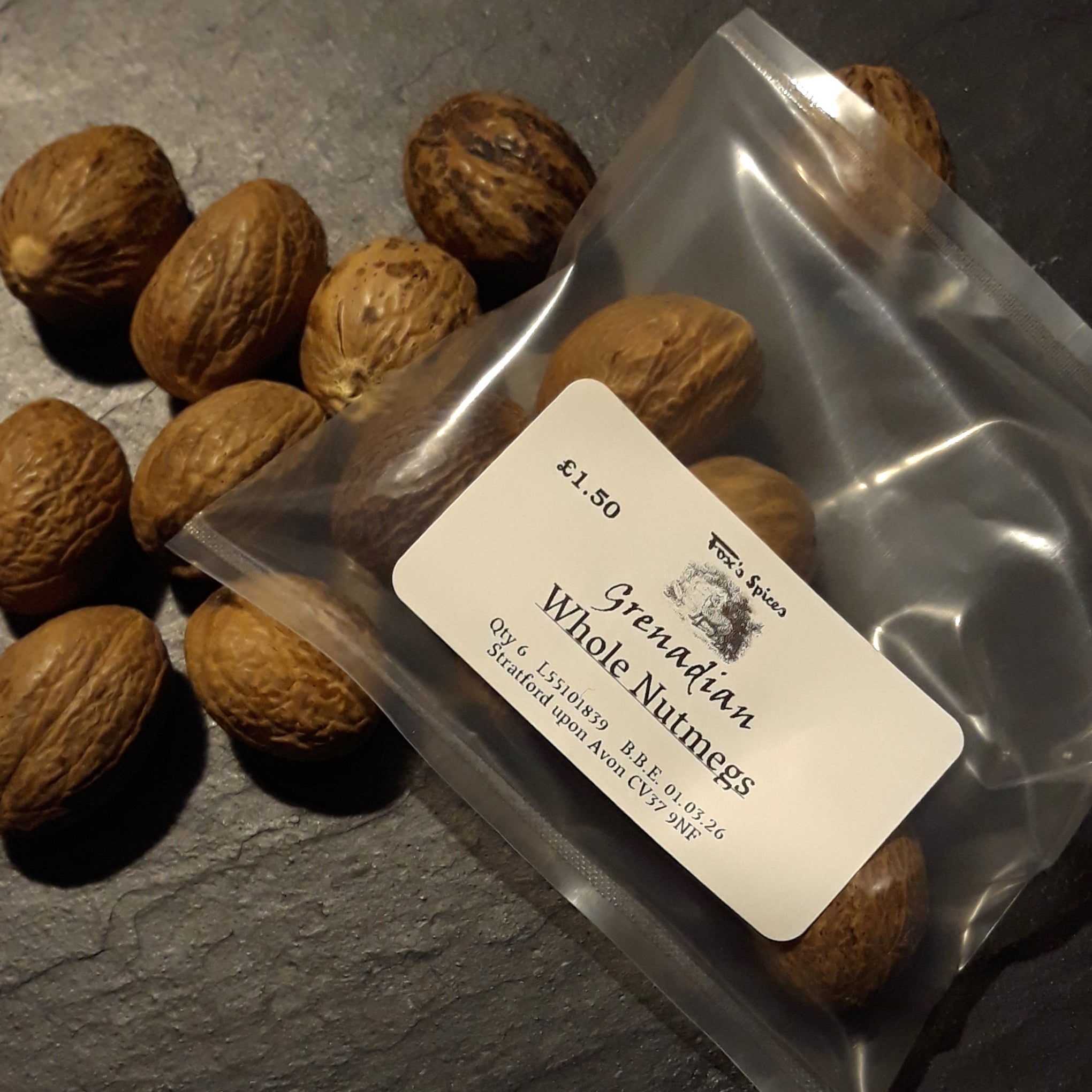 6 whole nutmegs in a bag from Fox's Spices.