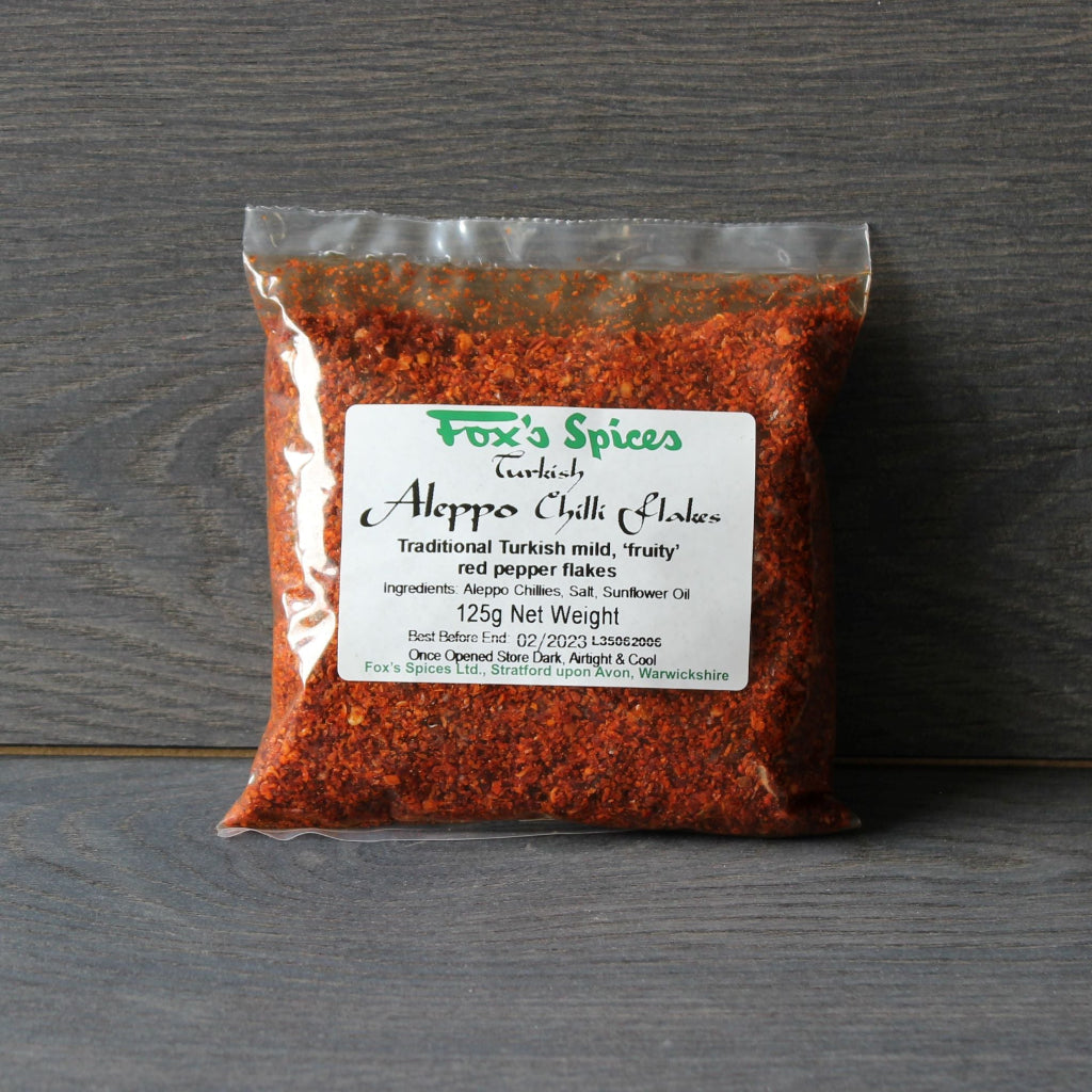 Aleppo chilli flakes sold in 125g bags. Supplied by Fox's Spices.