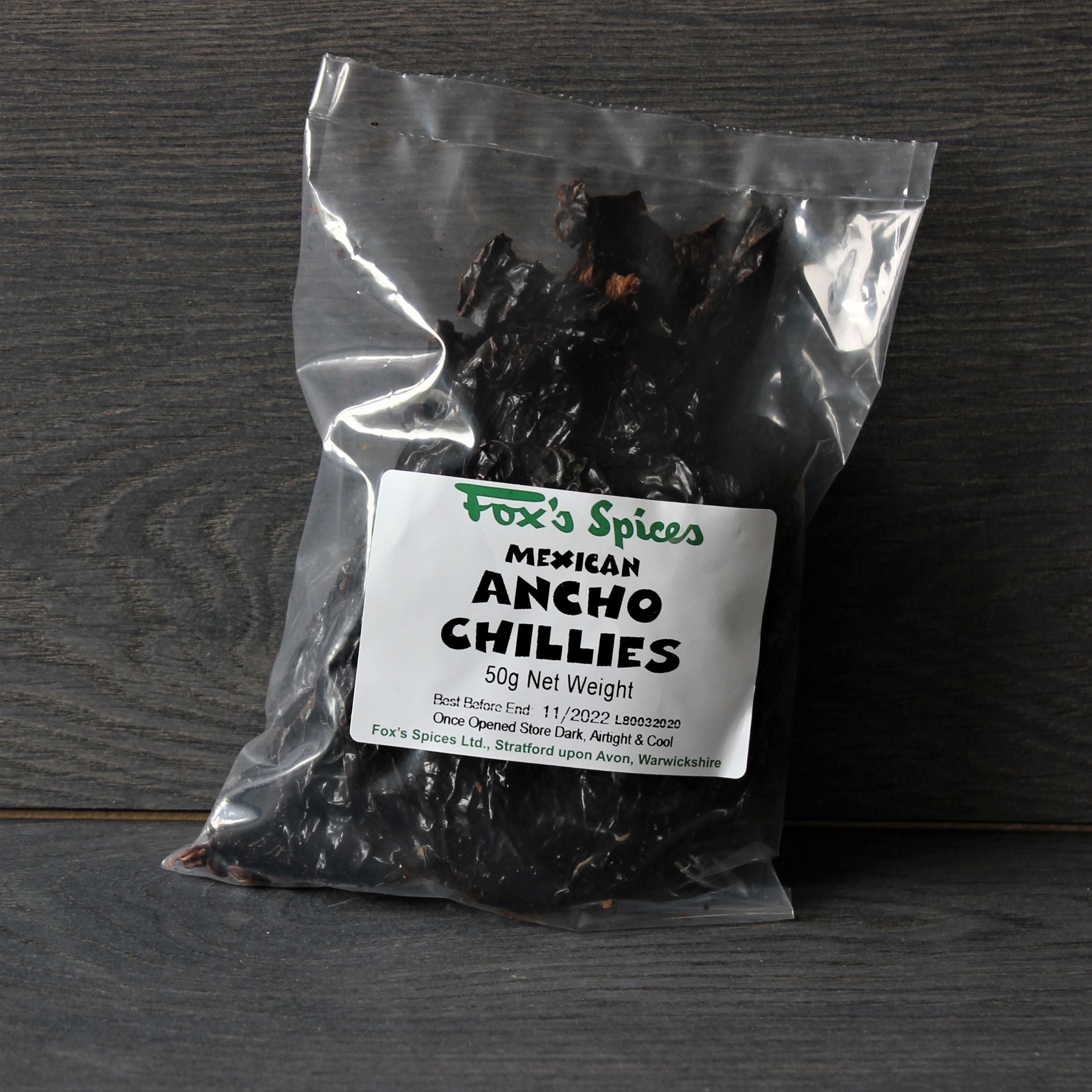 A 50g bag of Mexican Ancho Dried Chillies from Fox's Spices