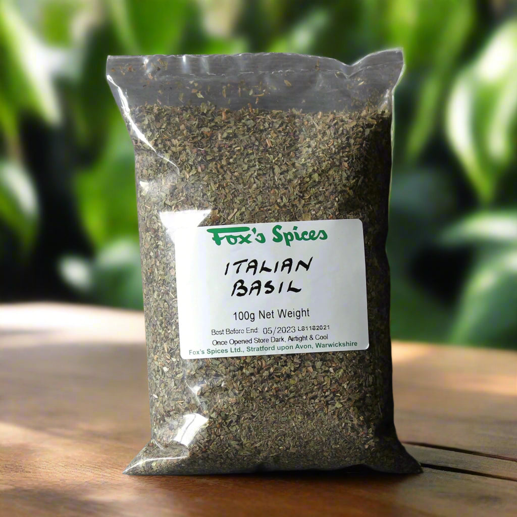 Fox's Spices dried basil supplied in 100g bags.
