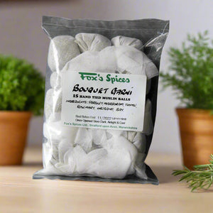 Bouquet Garni sold in bags of 15 hand tied muslin balls from Fox's Spices.