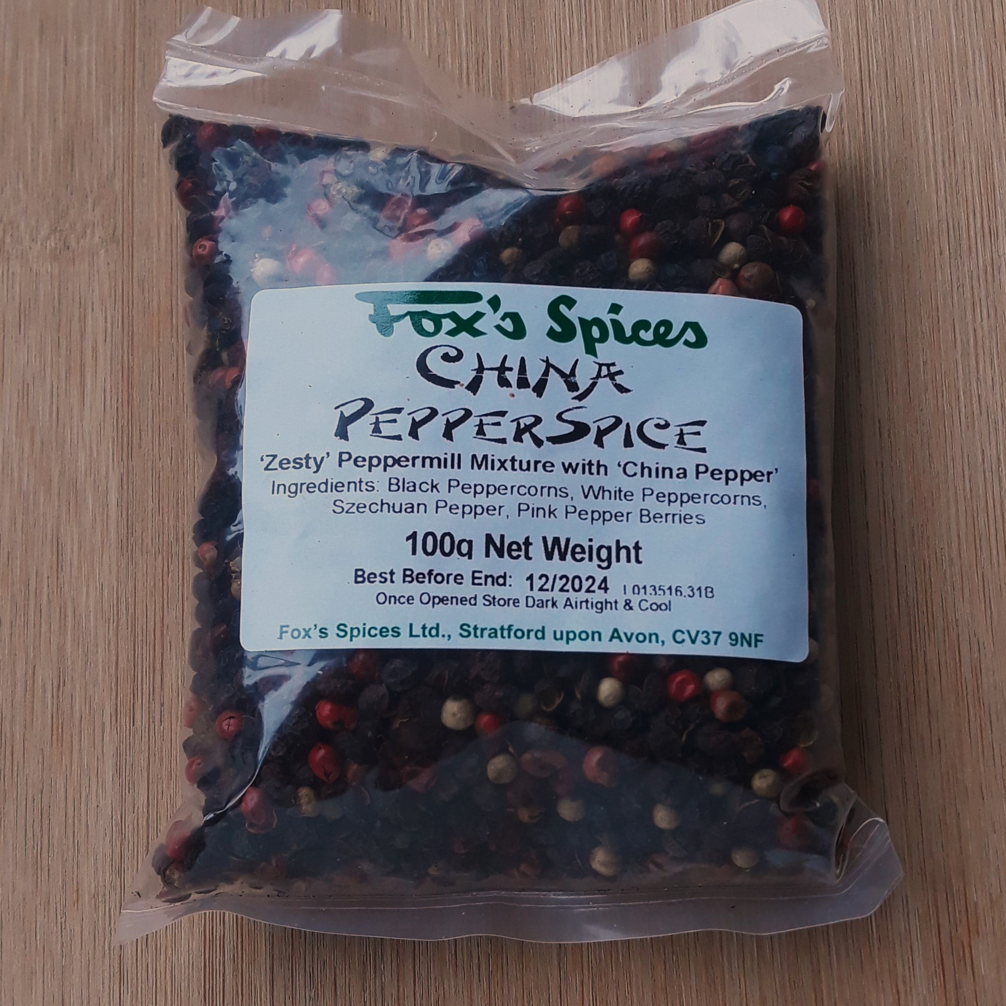 China Pepperspice sold by Fox's spice in 100g bags.
