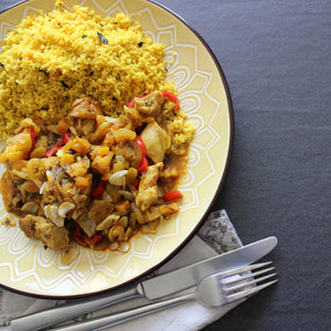 Chicken & apricot casserole  meal on a plate with cous cous. Made with a Case for Cooking spice kit.