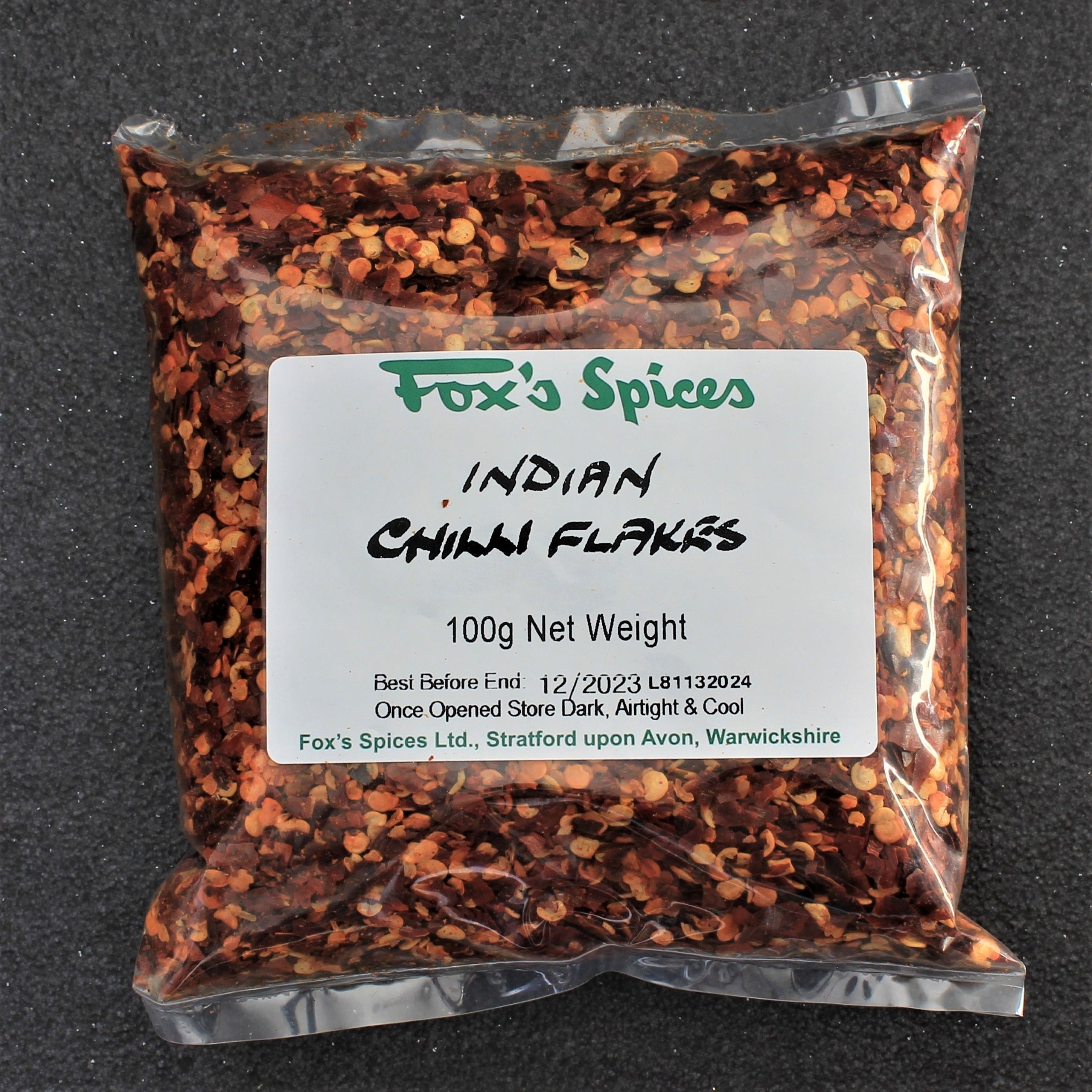 A 100g bag of chilli flakes from Fox's Spices.