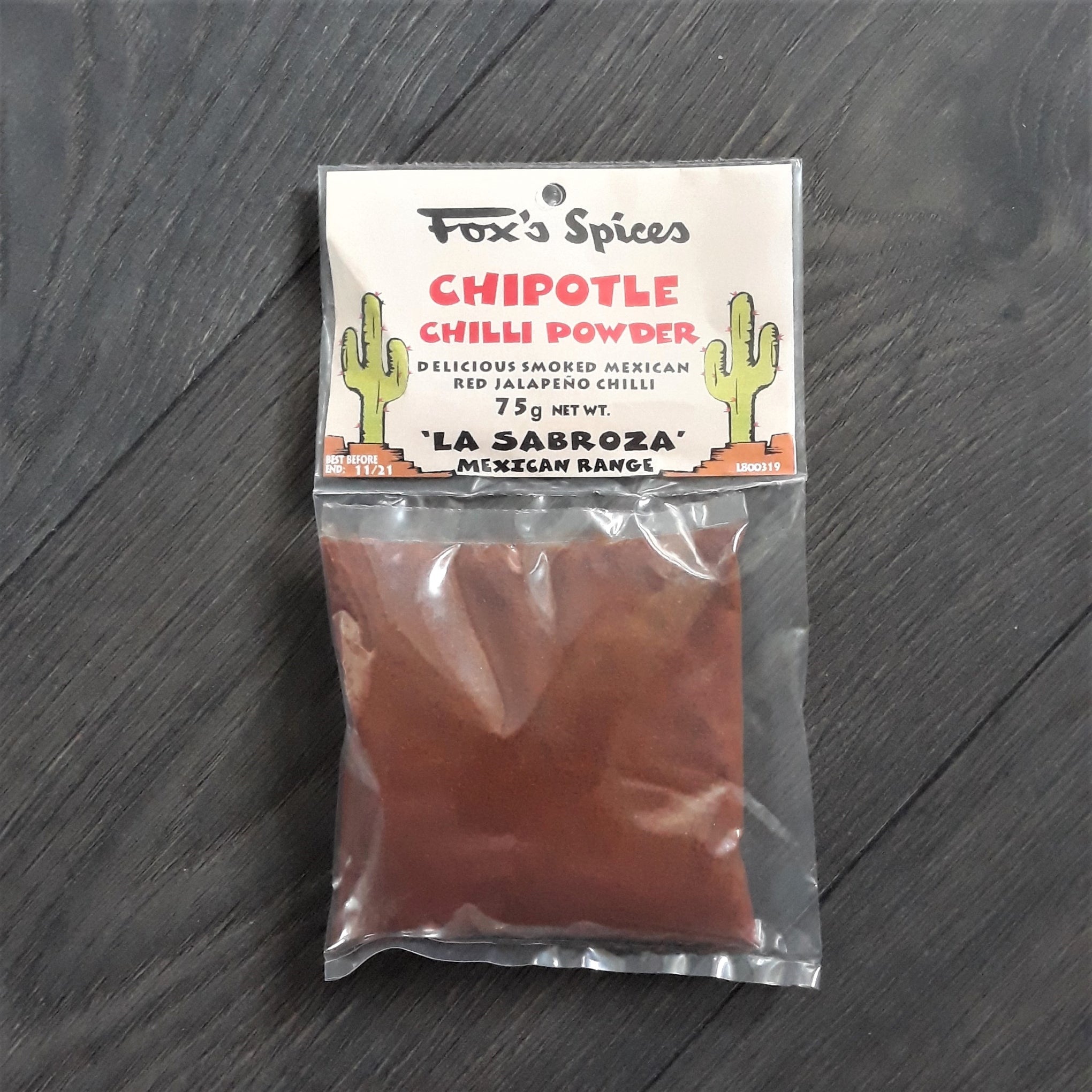 A 75g bag of Chipotle Chilli Powder from Fox's Spices.