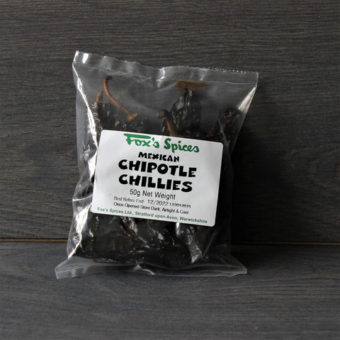 A 50g bag of Dried Chipotle chillies Whole from Fox's Spices