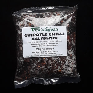 Chipotle Chilli salt blend supplied by Fox's spices in a 250g bag.