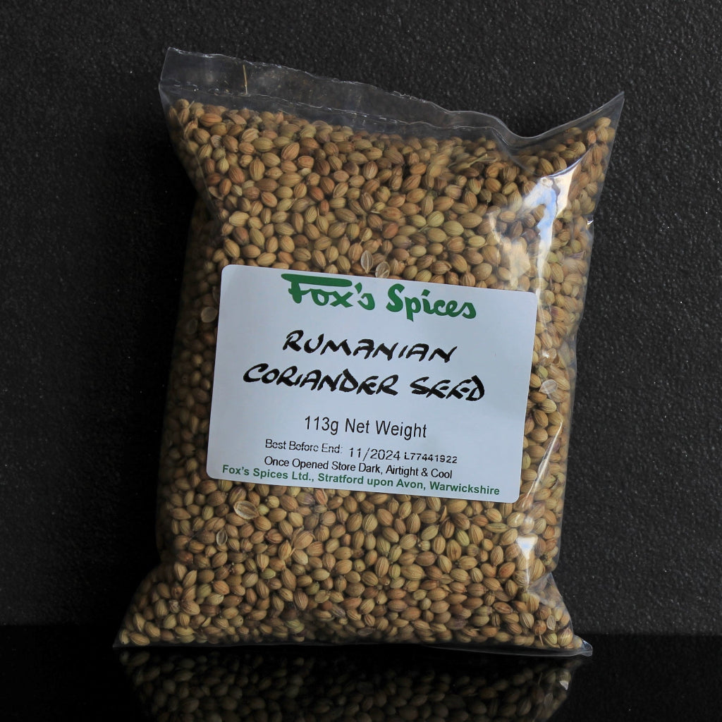 Coriander seeds supplied in a 113g bag from Fox's Spices.