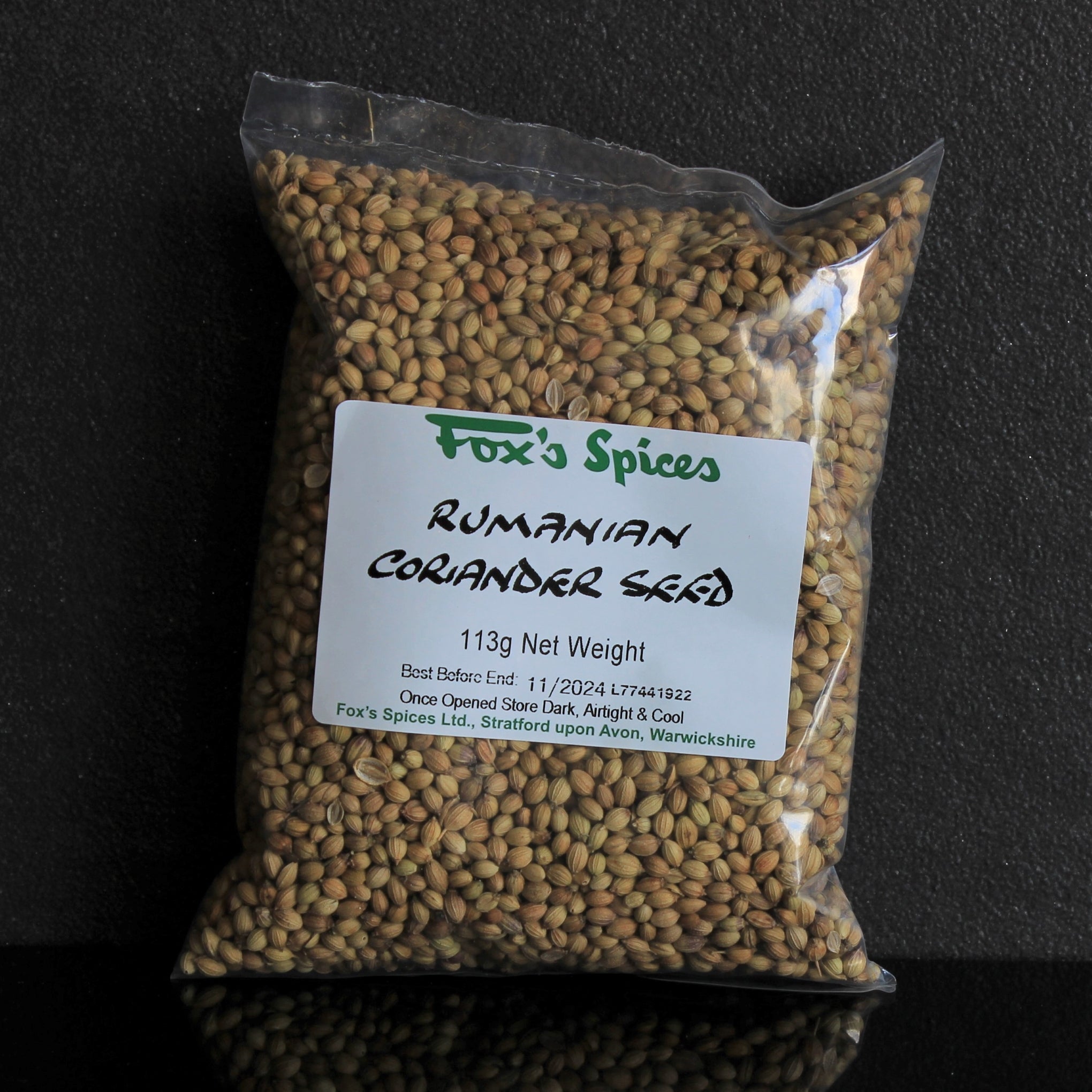 A 113g bag of Fox's Spices Rumanian coriander seeds.