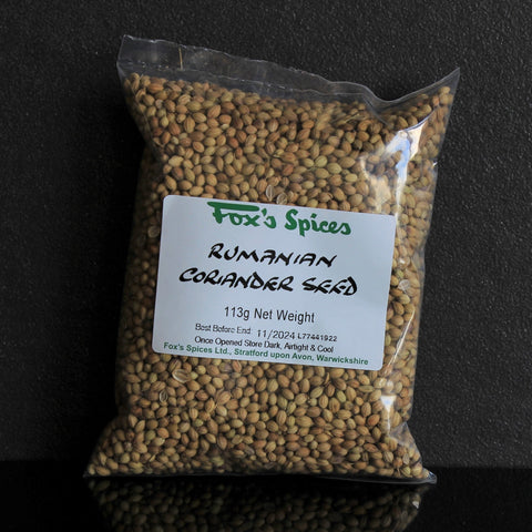 Coriander seeds supplied in a 113g bag from Fox's Spices.