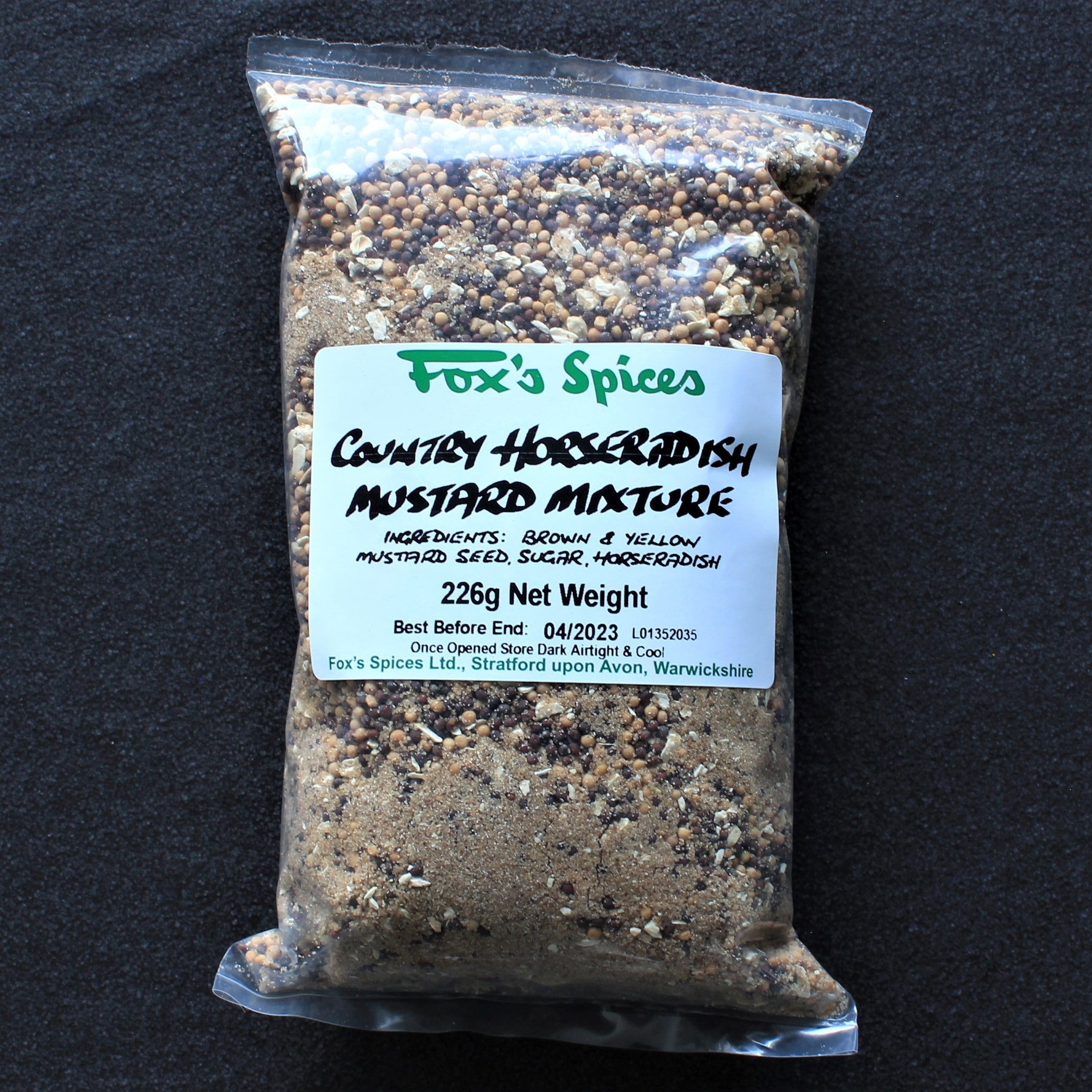 A bag of 226g of Fox's Spices horseradish mustard mixture