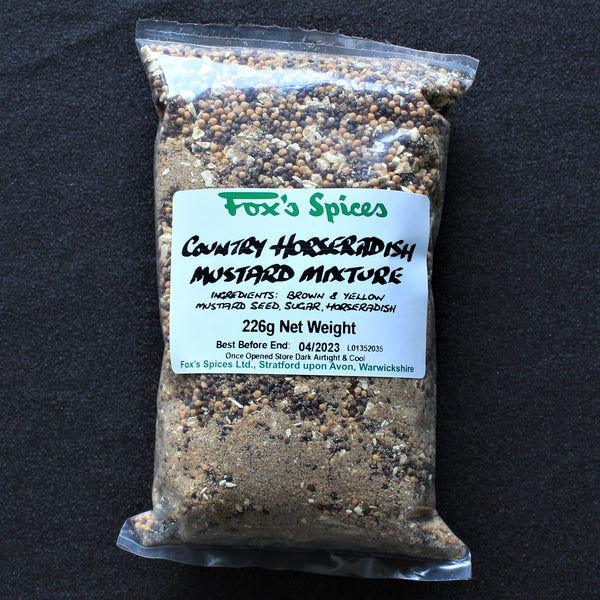 A bag of 226g of Fox's Spices horseradish mustard mixture
