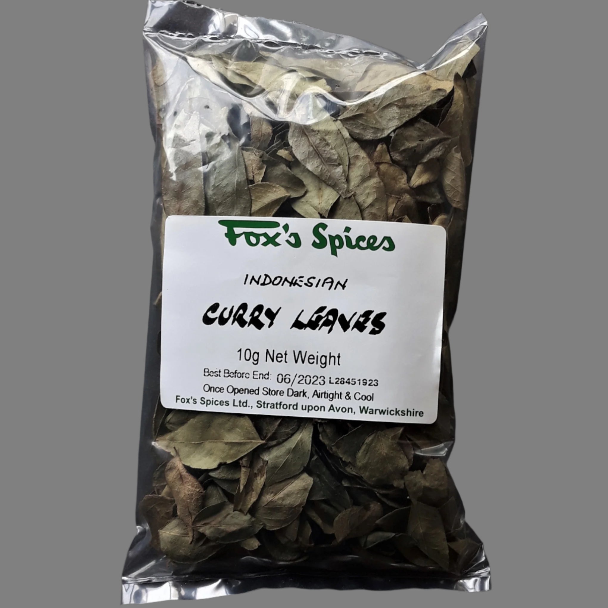 Fox's Spices curry leaves sold in 10g bags.