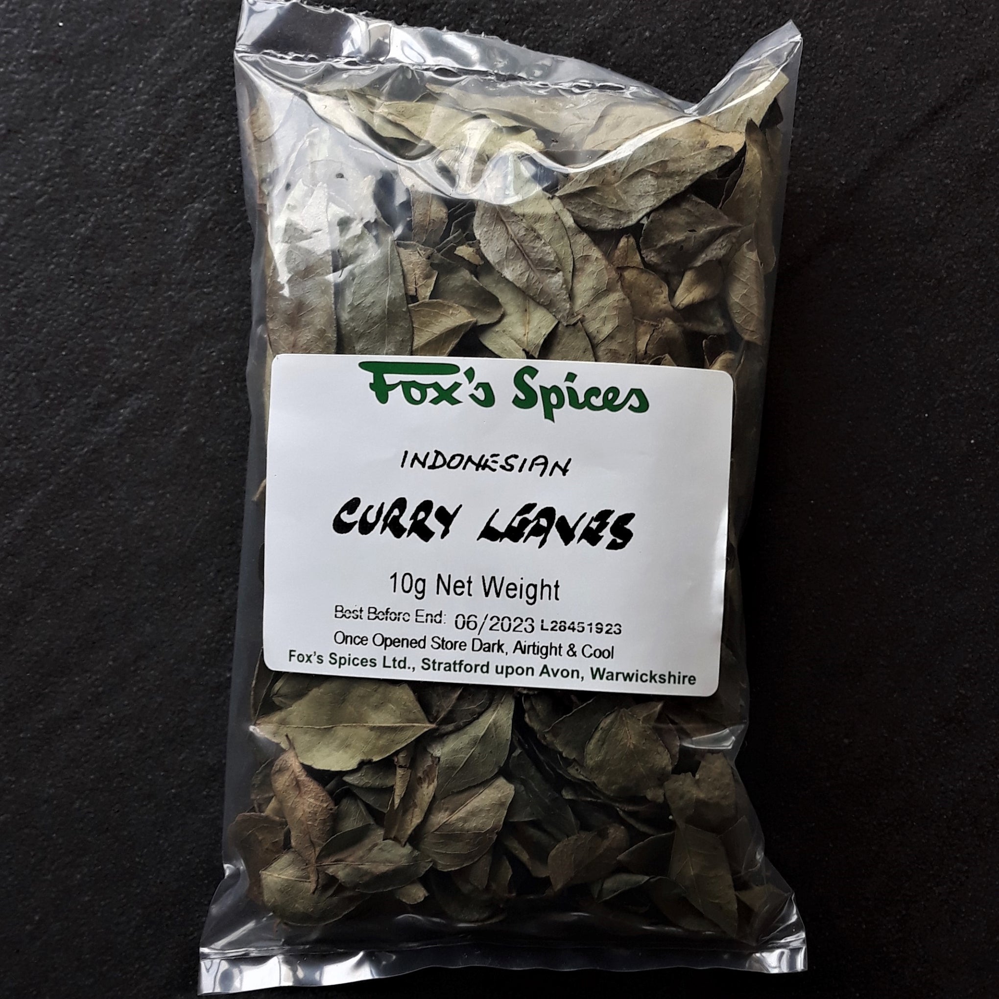 Fox's Spices curry leaves sold in 10g bags.