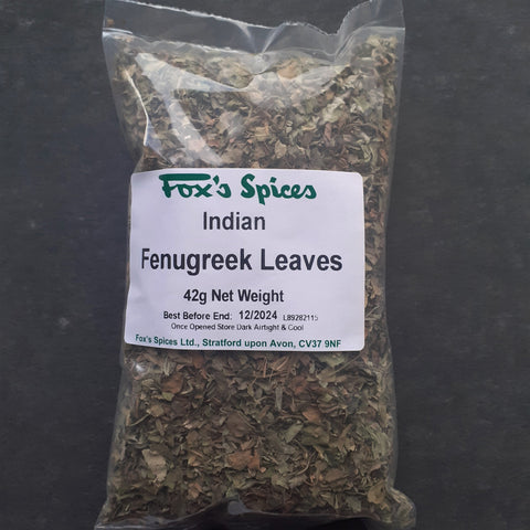 Fox's Spices Fenugreek leaves sold in 42g bags.